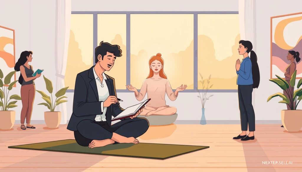 A person journaling quietly at a wooden table while another sits in calm reflection nearby, in a warm and unhurried room